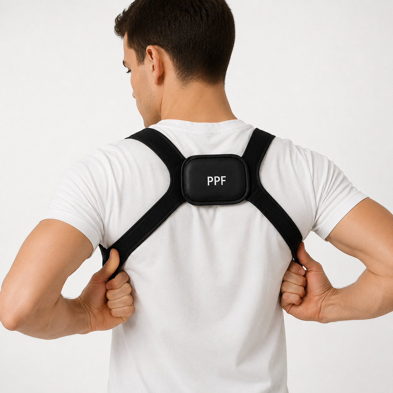 Adult evenly adjusting the straps of a black PPF wearable over a white T-shirt
